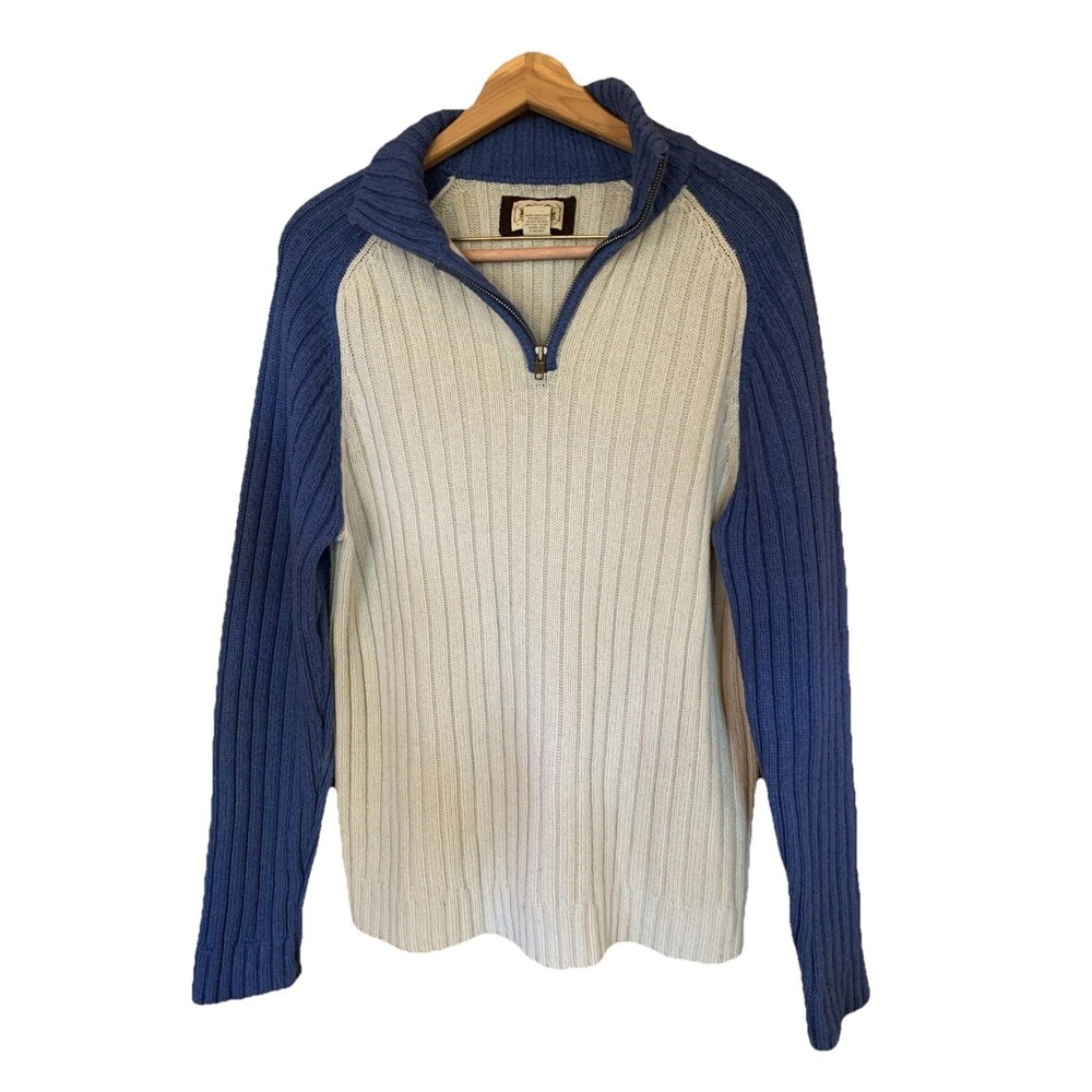Vintage Fossil Sweater Lambs Wool Mens Large Blue Ribbed 1/4 Zipper Preppy *Note